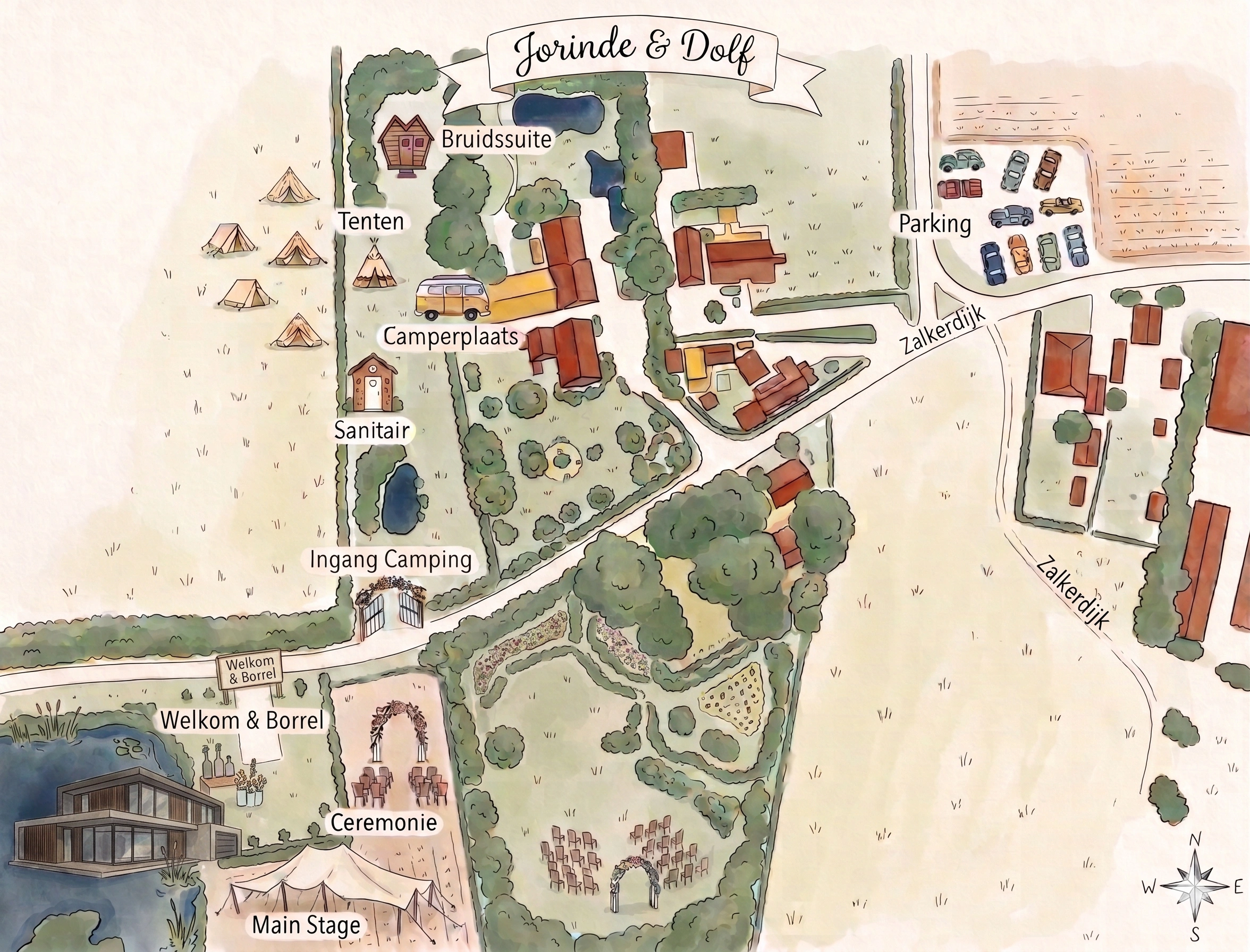 Plattegrond van het terrein met parkeren, camping en feestlocatie